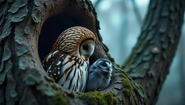 Owl nesting beside baby owlet