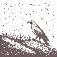 Majestic eagle perched on grassy terrain with scattered strokes