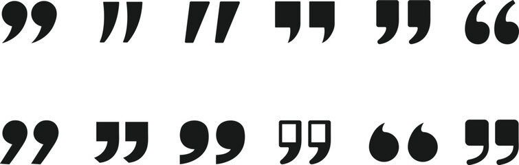 Quotation Mark Icon Set – Eight Minimalist Black Silhouettes Featuring Double and Single Quotes in Various Stylized Orientations for Writing and Communication Graphics on White Background