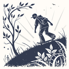 Skater boy on grassy hill with tree and birds skateboarding