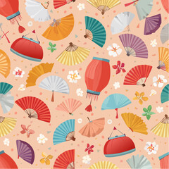 Colorful, patterned illustration featuring various hand fans, lanterns, and floral elements, creating a festive design.