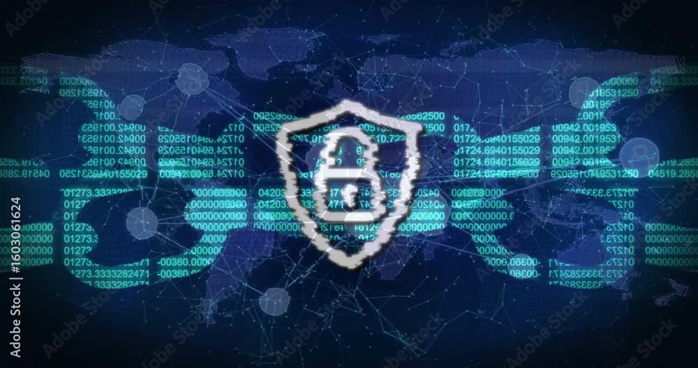 Poster initiating flowing code glitching reforming into shield padlock on network map ensuring security