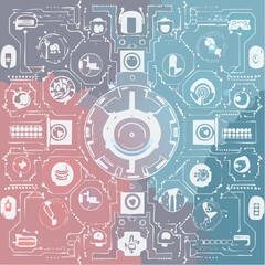 Obraz premium Abstract technological design featuring interconnected icons of diverse objects and symbols.