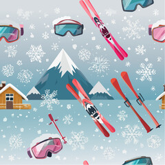 Snowy mountain scene with ski equipment, snowflakes, and cozy cabins.