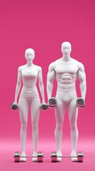 Obraz premium Abstract white mannequins exercising with dumbbells on pink background