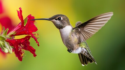 Obraz premium Macro photography of a hummingbird's tiny beak inside a flower, probing for nectar