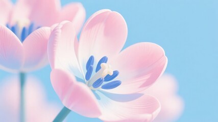 Fototapeta premium Delicate Pink Tulip with Blue Center Against a Soft Blue Sky