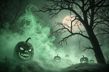 Spooky halloween night scene with glowing jack o lanterns and eerie green mist