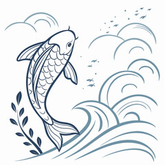 Koi fish swimming through blue waves and foliage water