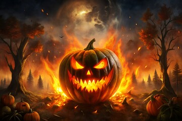 Naklejka premium Fiery jack o lantern grins menacingly amidst a spooky autumn forest scene