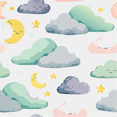 A cute and whimsical seamless pattern of smiling pastel clouds, crescent moons, and stars against a light background.