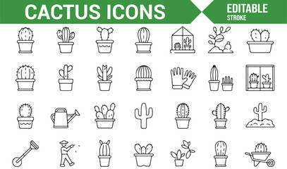 Gardening and Nature Icon Set with Cacti, Watering Tools, and Greenhouse Illustrations