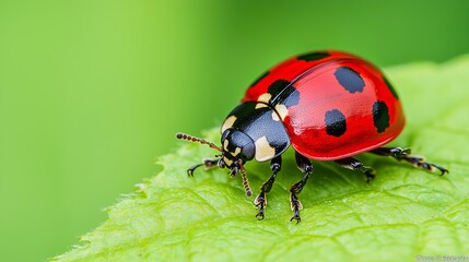 Naklejka premium Macro photography of a ladybug on a green leaf, vibrant red, black spots