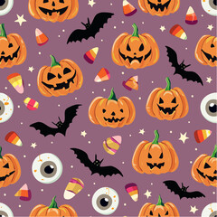 A festive Halloween pattern featuring grinning jack-o'-lanterns, flying bats, candy corn, and spooky eyeballs on a purple background.