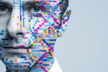 A close-up of a man's face digitally overlaid with colorful DNA strands and data patterns, symbolizing genetics and human biology.