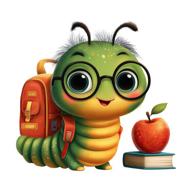Adorable little green book worm with back pack and round glasses, book and apple, isolated on white or transparent background