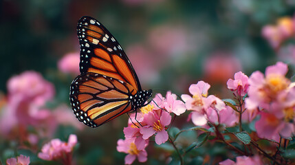 Fototapeta premium Monarch Butterfly On Pink Flower Blossom In Spring Garden Nature Close Up