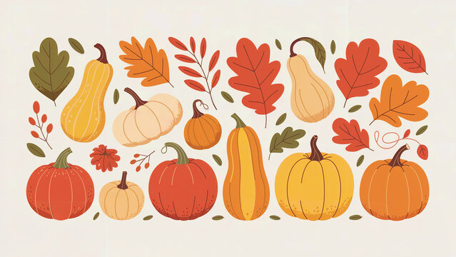 A vibrant collection of assorted pumpkins and autumn leaves arranged in a decorative pattern for seasonal harvest celebrations