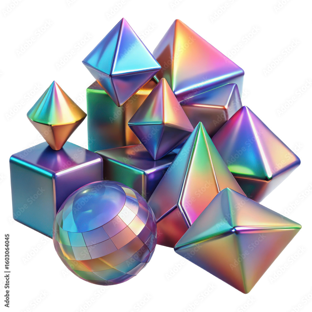 Poster iridescent shapes rendering design: holographic pyramids cubes sphere abstract modern geometric back