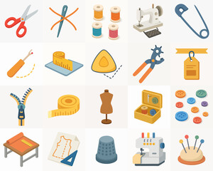 Flat Style Detailed Sewing Tools and Equipment Icon Set Illustration