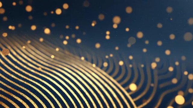 Golden Lines Abstract: A visually captivating abstract composition, where flowing golden lines dance across a deep blue canvas, interspersed with delicate, shimmering bokeh.