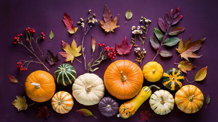 Vibrant autumn harvest display featuring assorted pumpkins gourds and colorful fall leaves on a deep purple background