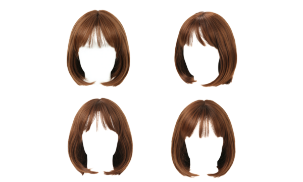 Set of brown bob hairstyle wigs isolated on white background
