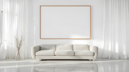A contemporary setting showcases a soft, curved sofa positioned on a polished floor beneath a large blank frame. Light streams through sheer curtains, enhancing the minimalist vibe