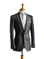 Elegant dark suit on tailor's mannequin in bright studio lighting at fashion design workshop