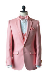 Elegant pink suit featuring fine tailoring and a stylish bow tie for formal events