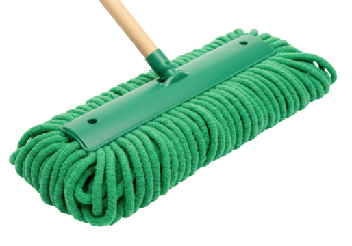 A green microfiber mop head with wooden handle isolated on transparent background
