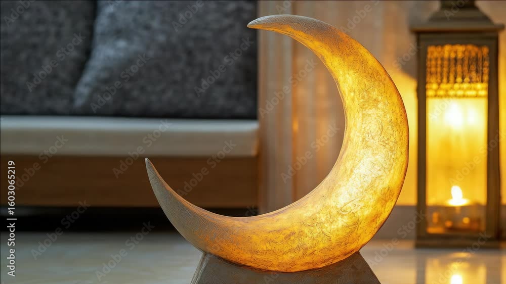 Poster a glowing crescent moon lantern on a table near a window with curtains and a candle in the backgroun