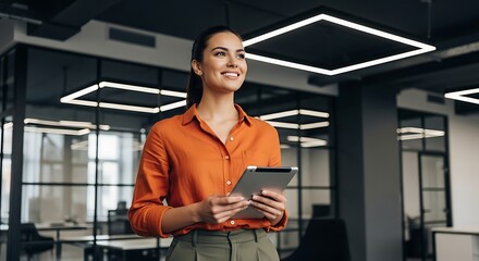 A confident businesswoman smiles while holding a tablet in a modern office environment