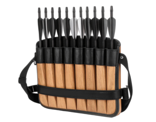 A leather archer's quiver filled with multiple arrows, isolated on a white background.