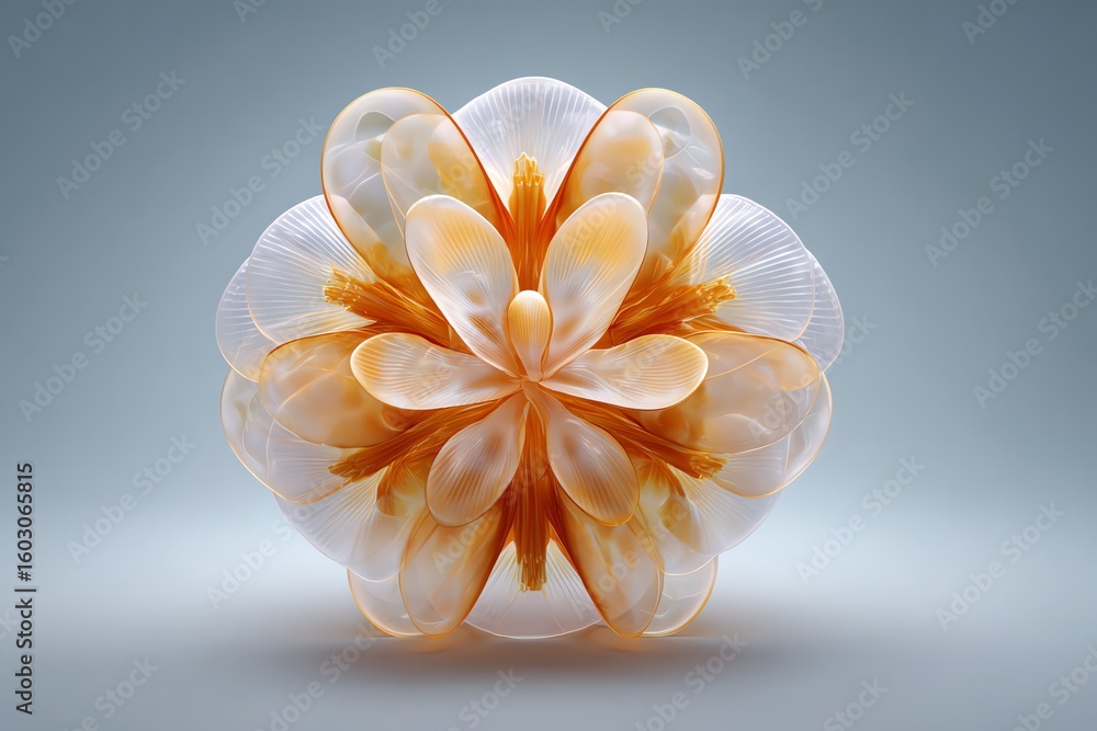Poster a digitally rendered flower in shades of orange and white, featuring layered petals forming a symmet