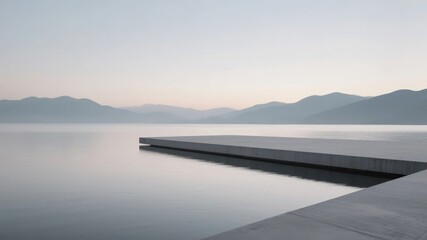 Modern concrete pier extending into a calm lake with distant mountains under a clear sky