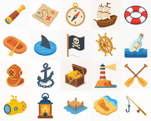 Flat Design Nautical Adventure Equipment Decorative Icon Set Illustration