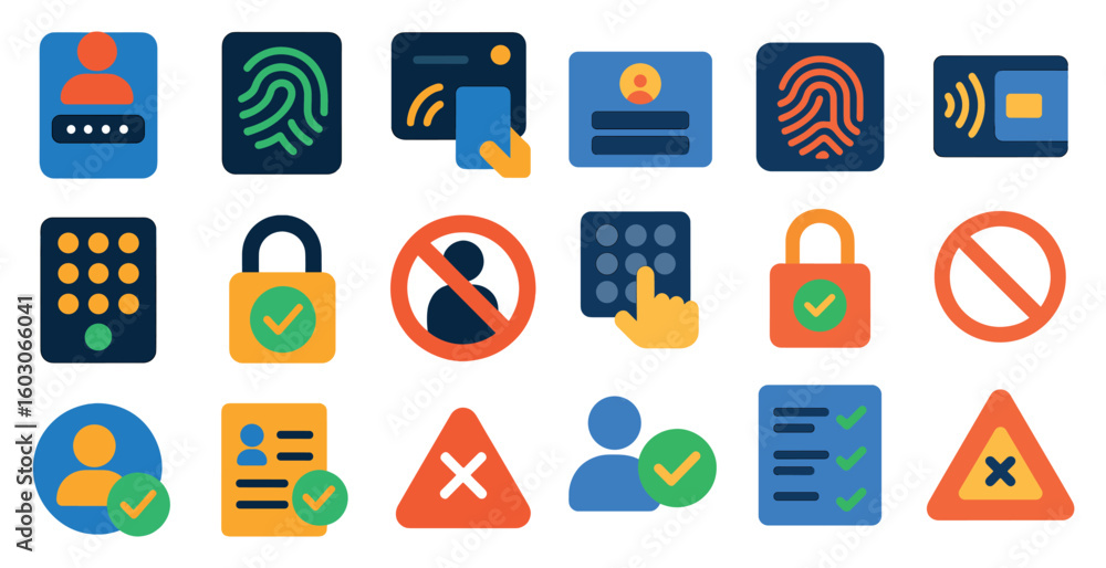 Poster collection of icons for various security measures, including a fingerprint reader, a keypad, and a n
