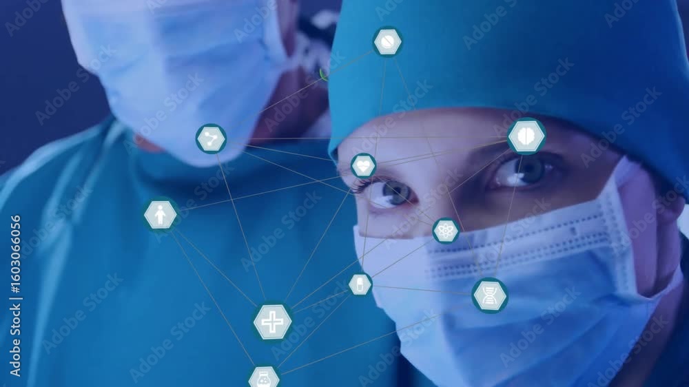 Poster camera zooming causing hexagon icons animating into medical network around surgeons faces