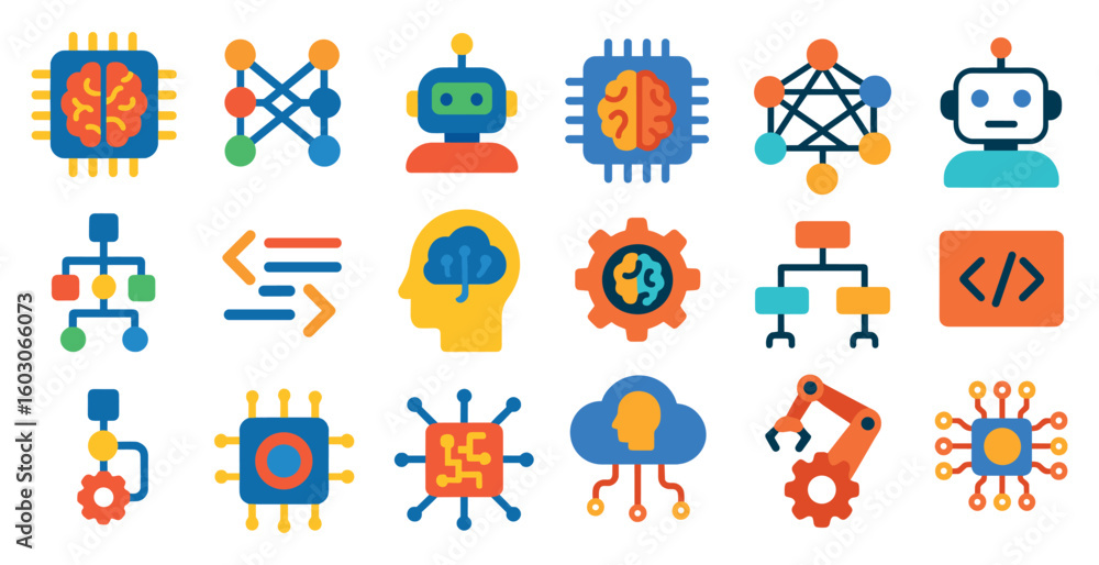 Poster collection of robot icons with a variety of shapes and colors. the icons include a robot with a brai
