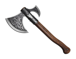 A detailed, historical Viking axe with a wooden handle and sharp metal blade, isolated on white.