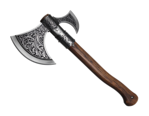 A detailed, historical Viking axe with a wooden handle and sharp metal blade, isolated on white.