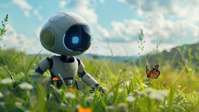 A futuristic robotic gardener stands amidst a field of wildflowers on a bright day. The robot is sleek and modern, with glowing blue eyes and silver components