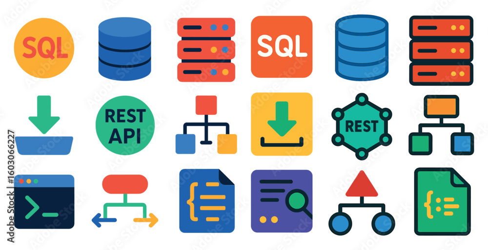 Poster collection of icons for sql, rest api, and other related technologies. the icons are colorful and ar