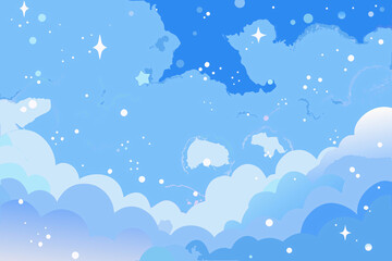 Dreamy blue sky background with layered fluffy clouds, scattered sparkles, stars, magical celestial atmosphere with soft gradient color transitions.