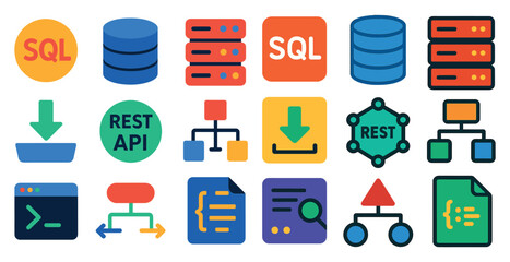 Collection of icons for SQL, REST API, and other related technologies. The icons are colorful and arranged in a grid