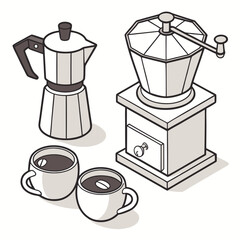 Coffee maker grinder and cups brewing moka pot