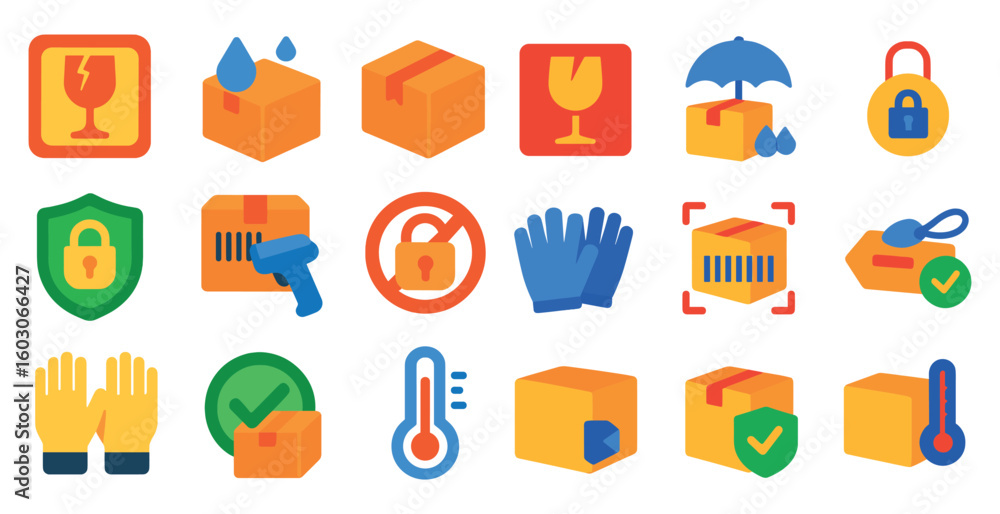 Poster collection of symbols and icons that represent various aspects of shipping and handling. the symbols