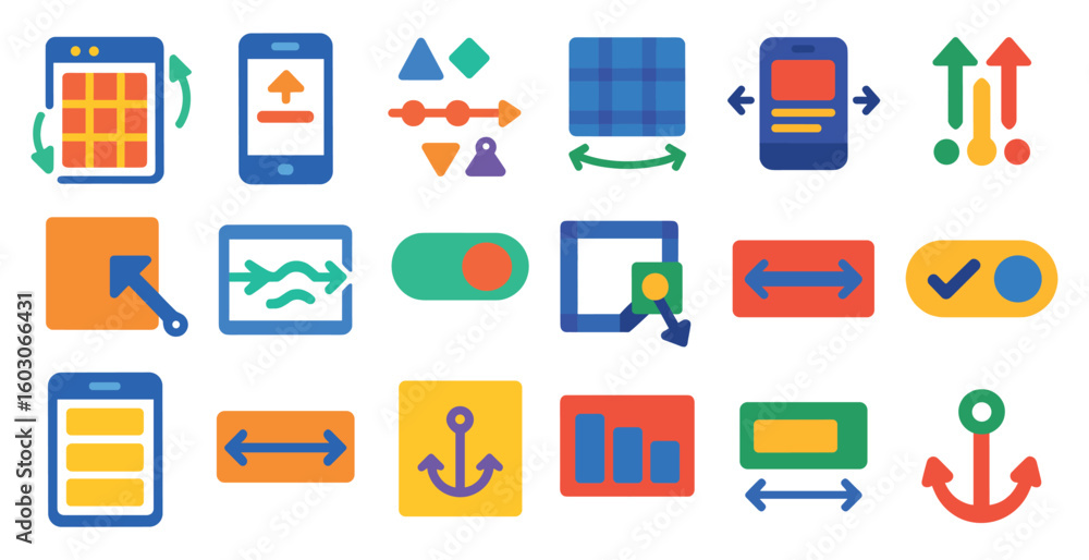 Poster collection of icons for various apps and devices. the icons are colorful and include a check mark, a