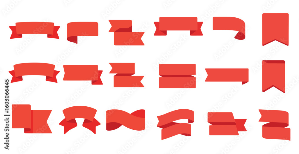 Poster Set of red ribbon flags. These flags are red and are arranged in a row. They are all the same size and shape